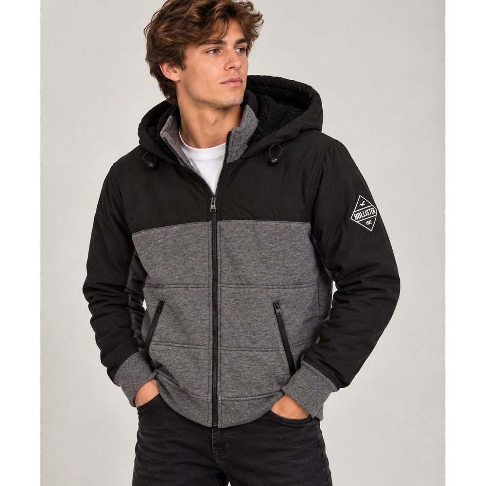 Hollister California Jacket Mens S Gray Black Sherpa Hooded 1922 Streetwear Y2K